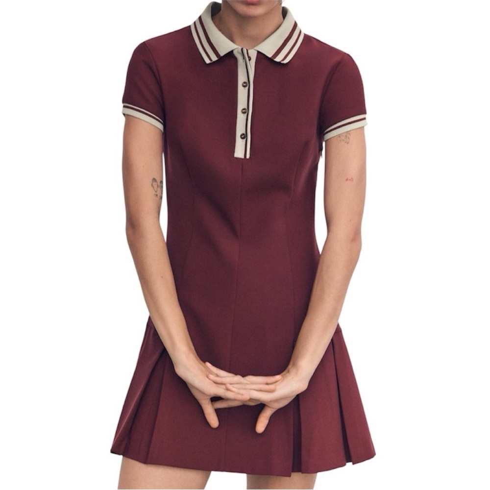 Zara Box Pleat Schoolgirl Tennis Dress Burgundy Wine Contrast Polo Size M NWT